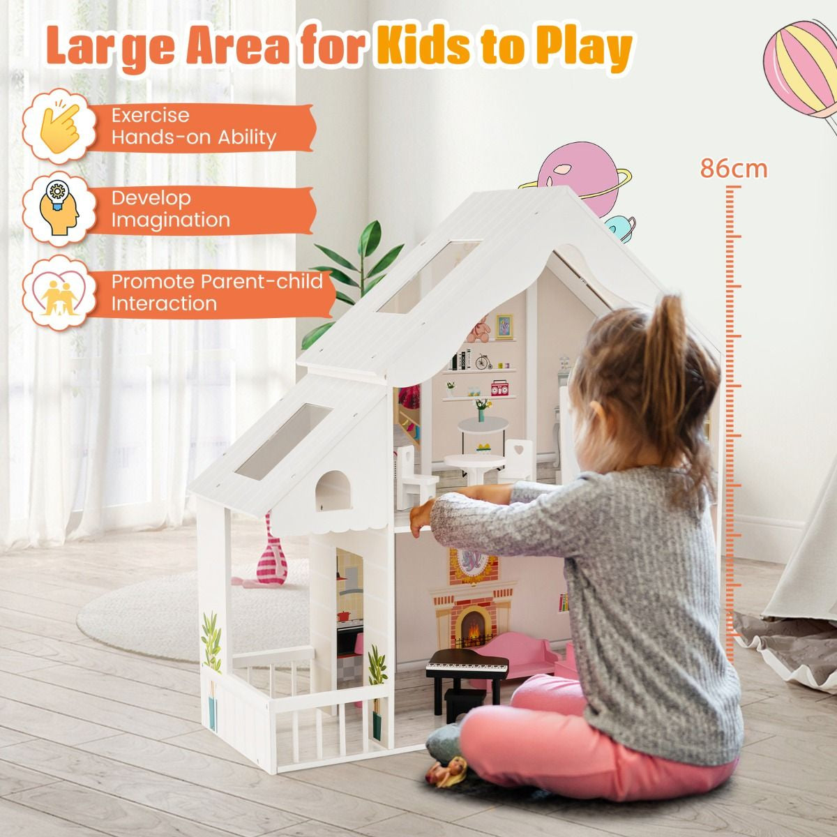 Kids Wooden Dollhouse with Simulated Rooms and Furniture Set