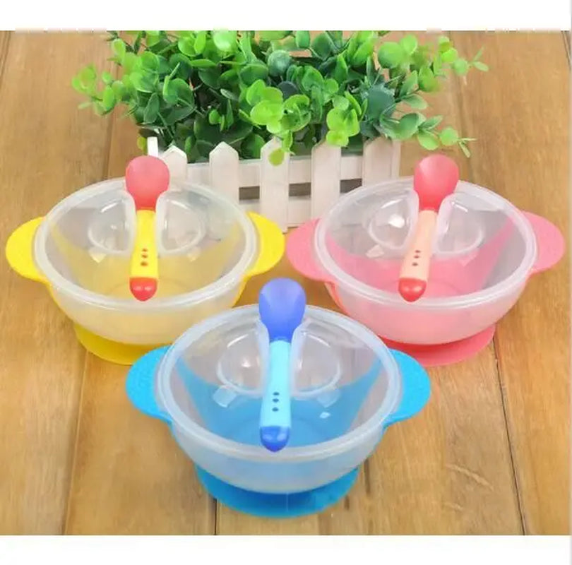 1 Set Baby Suction Cup Bowl Temperature Sensing Spoon and Cover Slip-Resistant High-Quality Training Materials Dishes for Babies