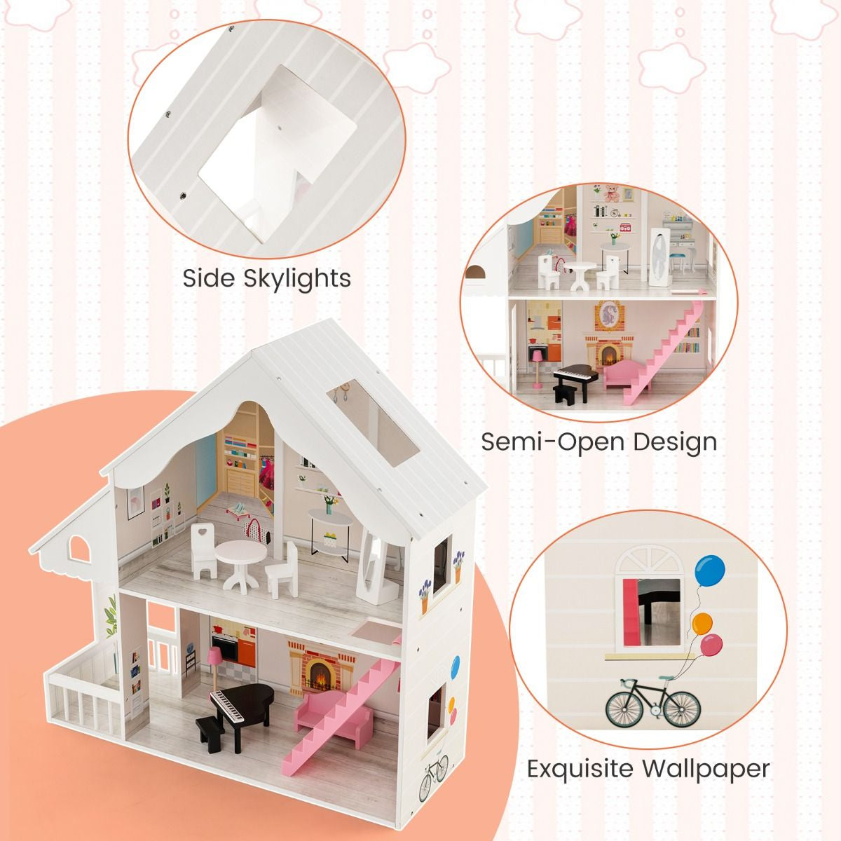 Kids Wooden Dollhouse with Simulated Rooms and Furniture Set