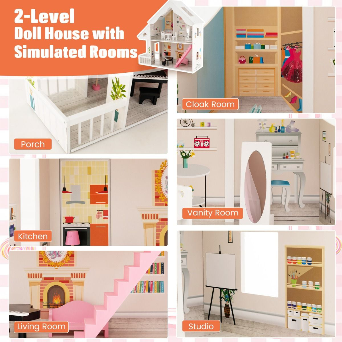 Kids Wooden Dollhouse with Simulated Rooms and Furniture Set