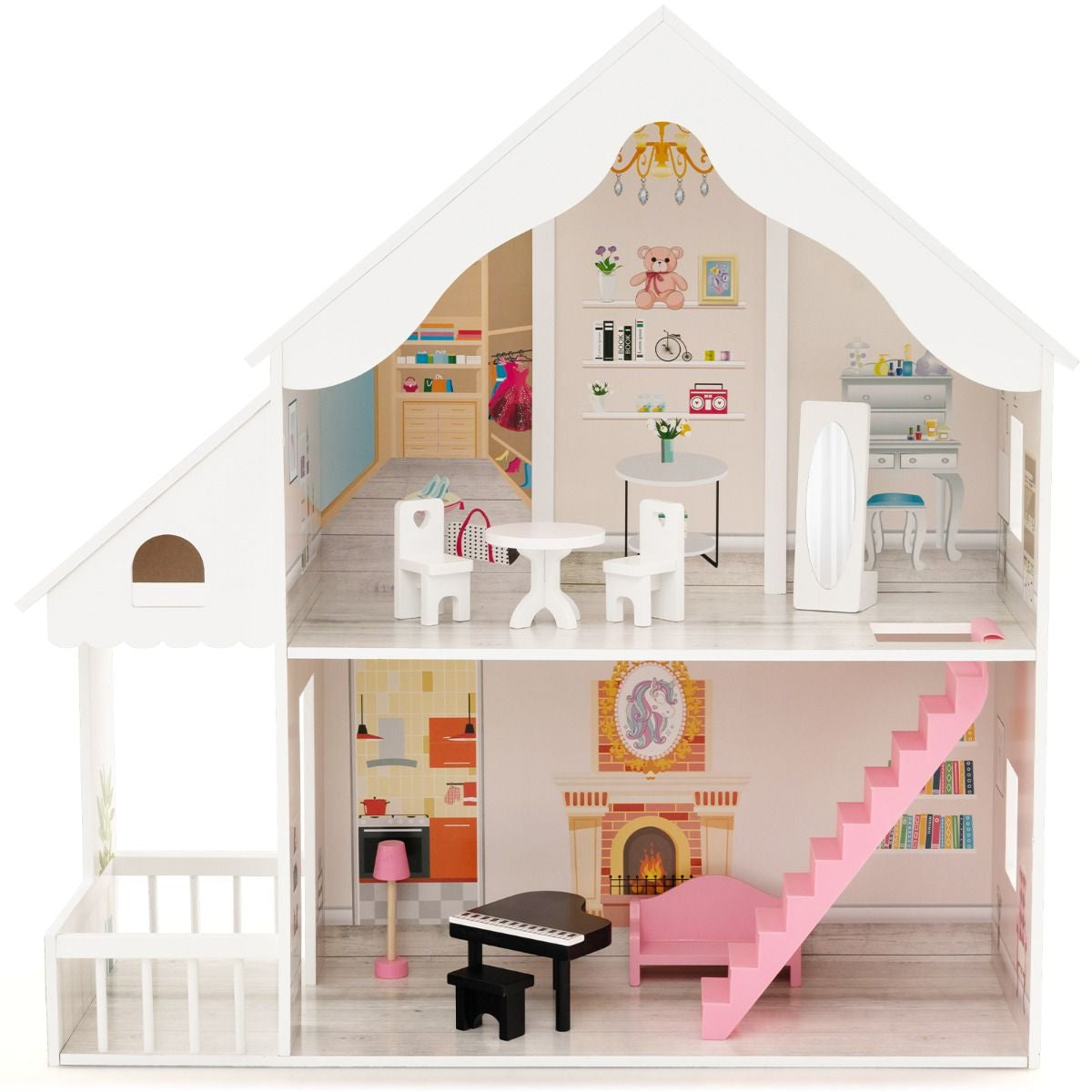 Kids Wooden Dollhouse with Simulated Rooms and Furniture Set