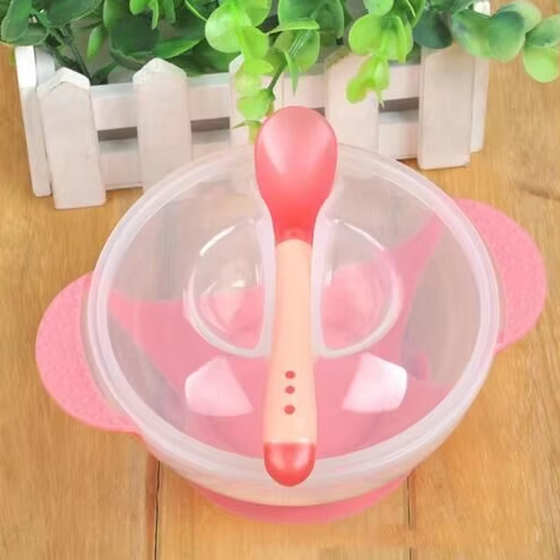 1 Set Baby Suction Cup Bowl Temperature Sensing Spoon and Cover Slip-Resistant High-Quality Training Materials Dishes for Babies