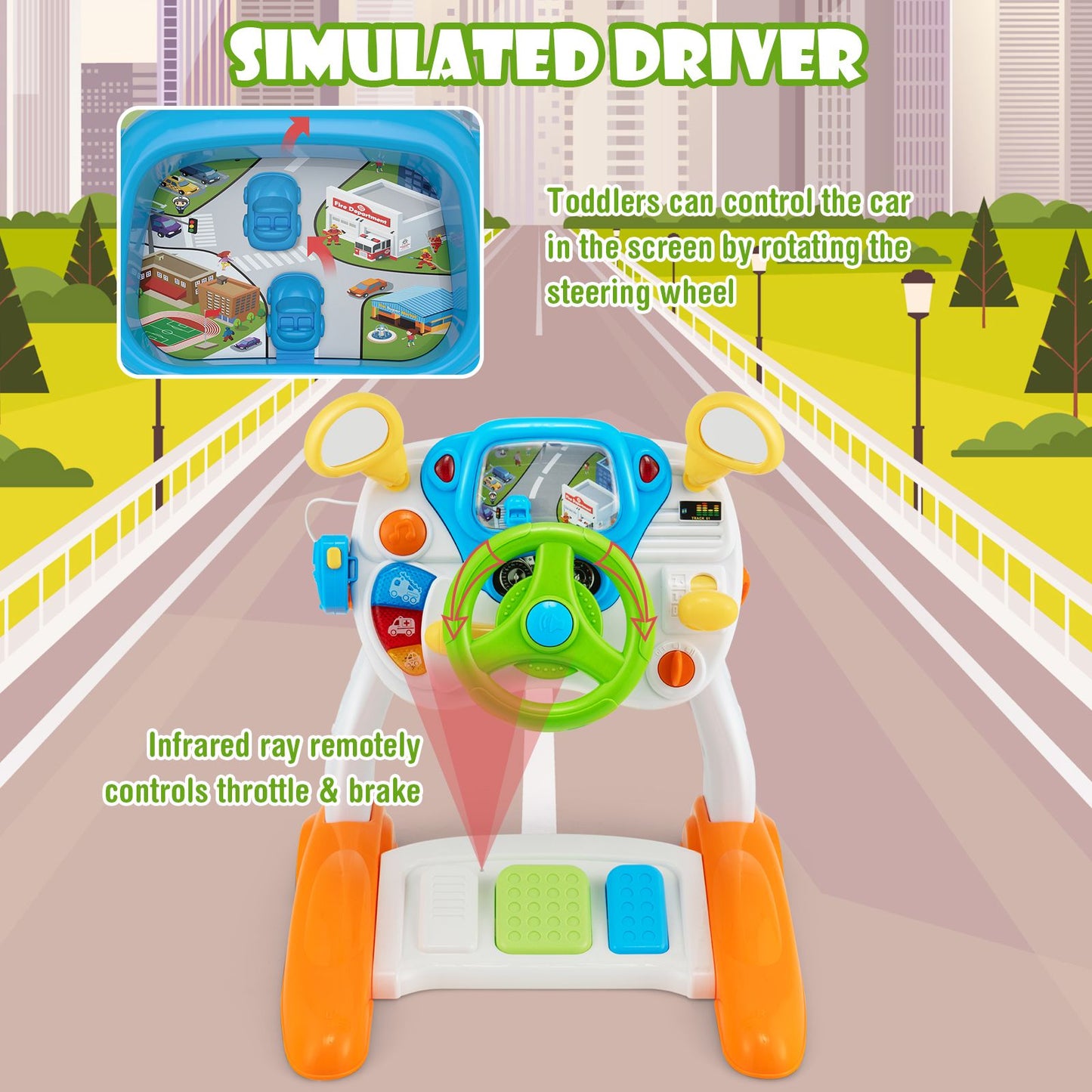 Kids Steering Wheel Toy and Stool with Cyclic Rotary Scene