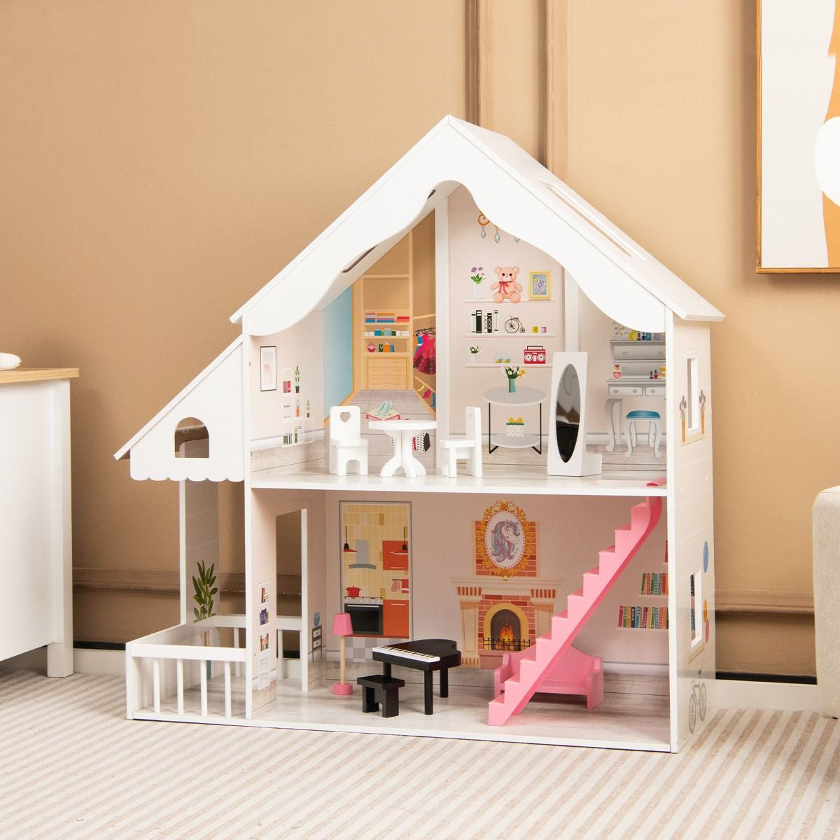 Kids Wooden Dollhouse with Simulated Rooms and Furniture Set