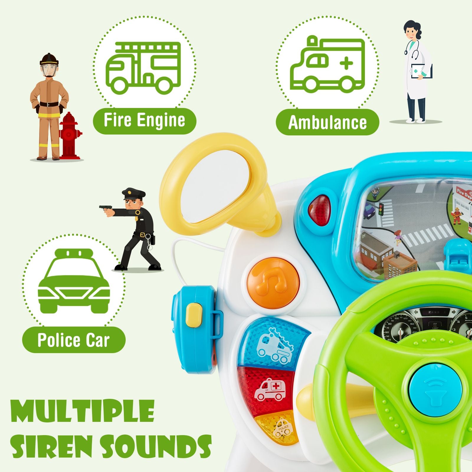 Kids Steering Wheel Toy and Stool with Cyclic Rotary Scene