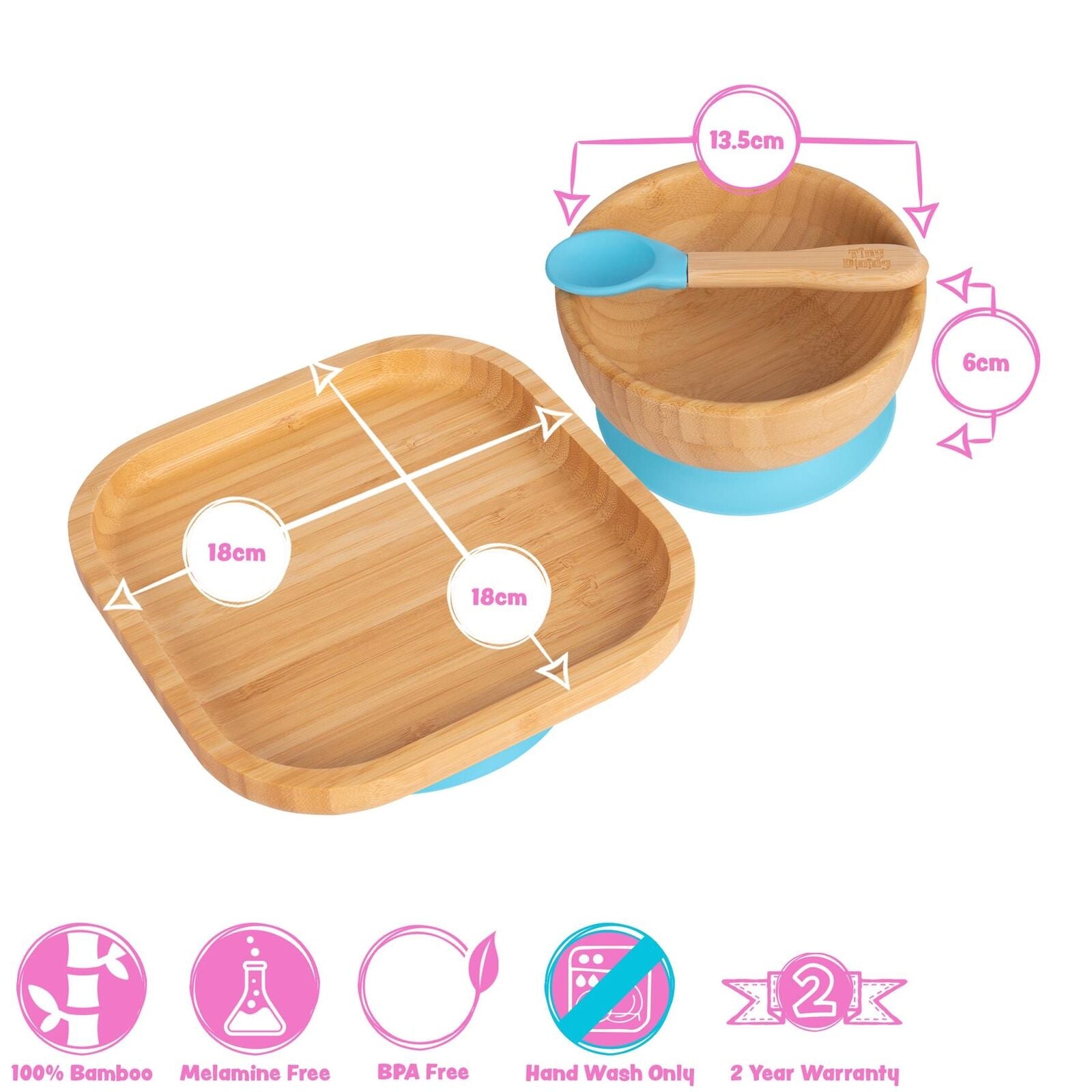 3Pc Tiny Dining Green Square Bamboo Baby Feeding Set Kids Plate Bowl Spoon