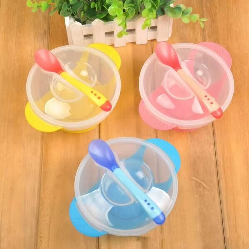 1 Set Baby Suction Cup Bowl Temperature Sensing Spoon and Cover Slip-Resistant High-Quality Training Materials Dishes for Babies