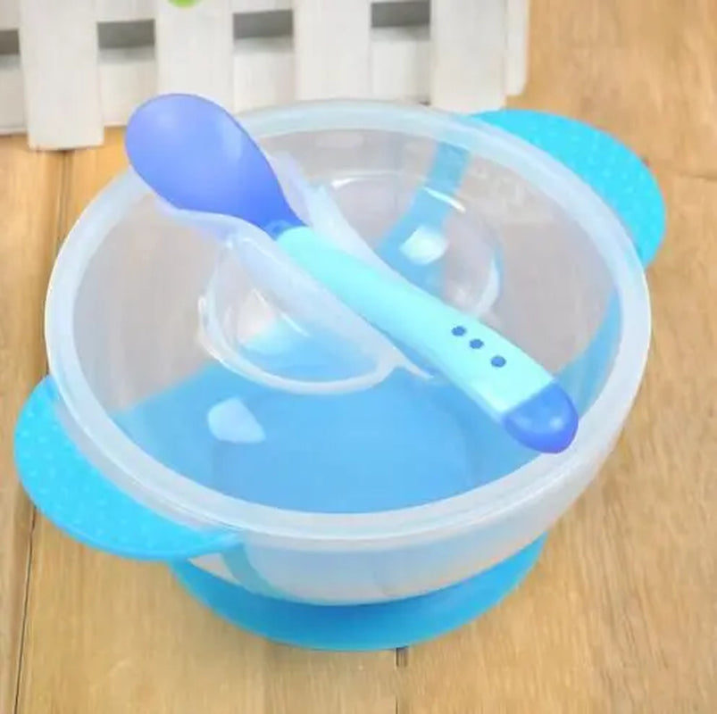 1 Set Baby Suction Cup Bowl Temperature Sensing Spoon and Cover Slip-Resistant High-Quality Training Materials Dishes for Babies