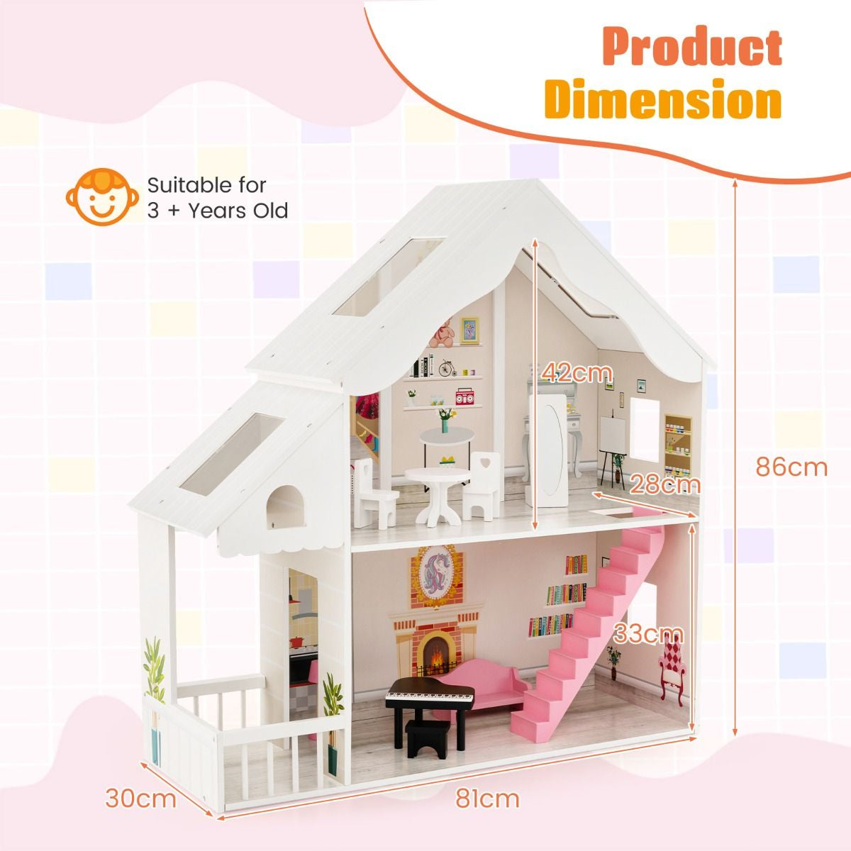 Kids Wooden Dollhouse with Simulated Rooms and Furniture Set