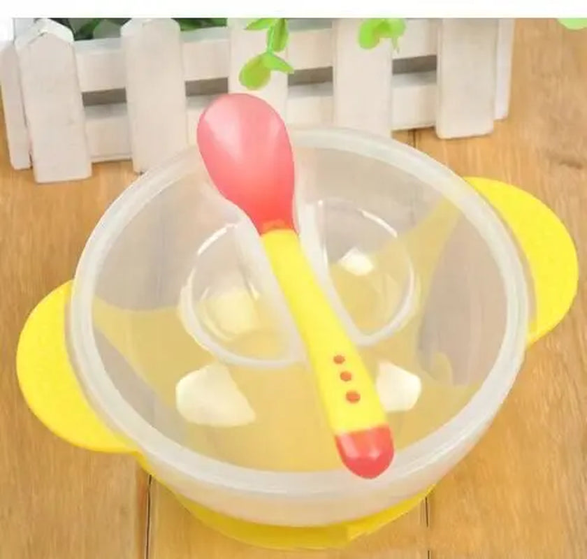 1 Set Baby Suction Cup Bowl Temperature Sensing Spoon and Cover Slip-Resistant High-Quality Training Materials Dishes for Babies