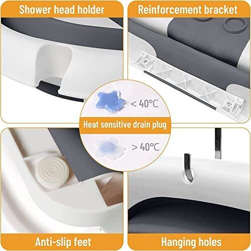 Foldable Baby Bath Tub with Free Baby Bath Toy, Temperature Sensing Drain