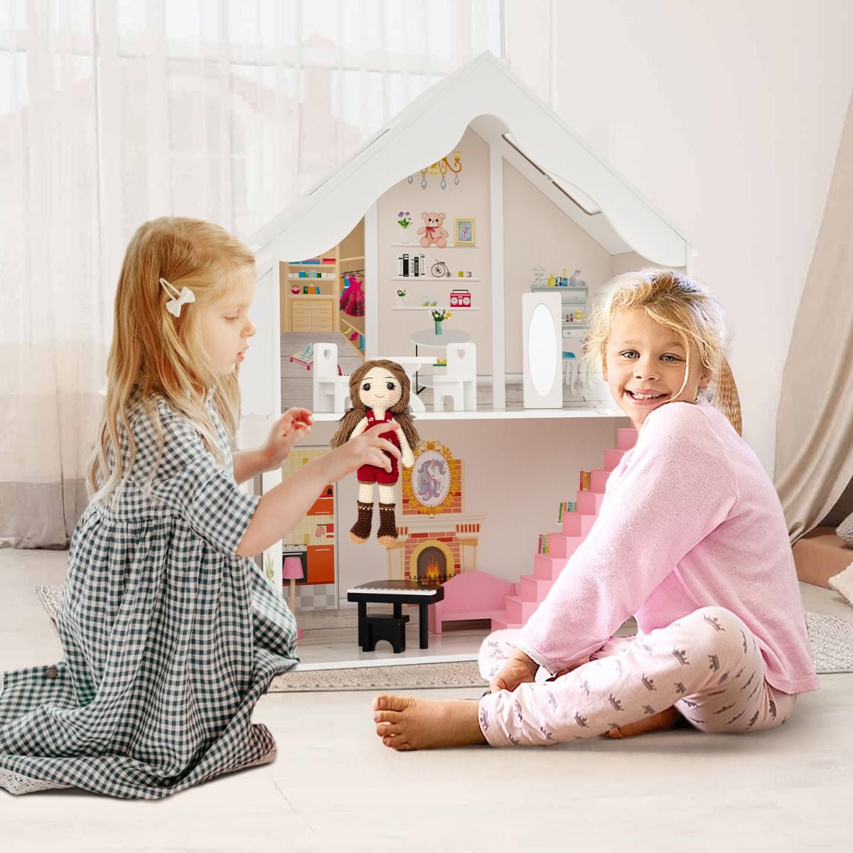 Kids Wooden Dollhouse with Simulated Rooms and Furniture Set