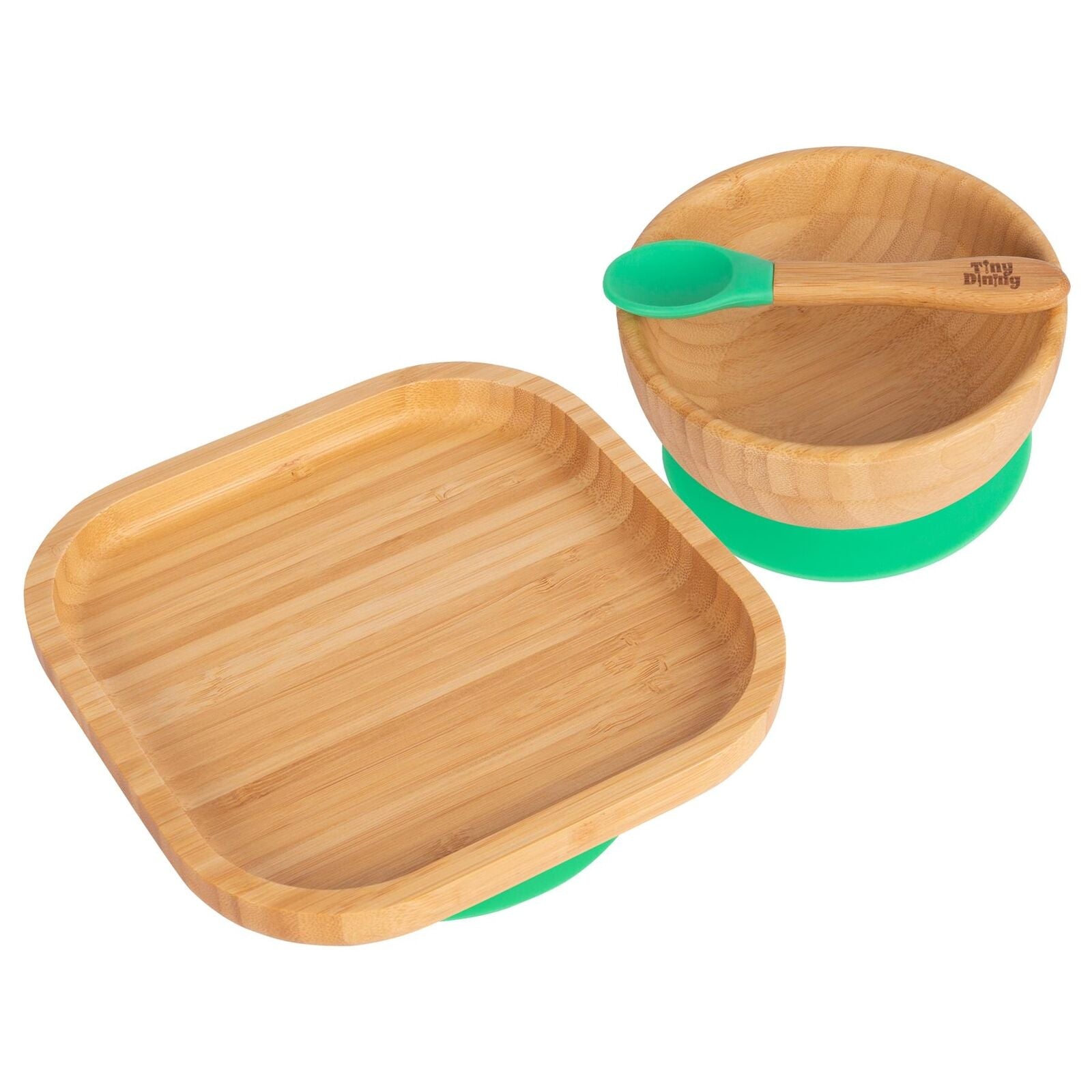 3Pc Tiny Dining Green Square Bamboo Baby Feeding Set Kids Plate Bowl Spoon