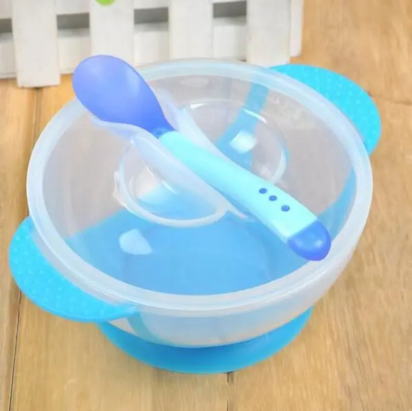 1 Set Baby Suction Cup Bowl Temperature Sensing Spoon and Cover Slip-Resistant High-Quality Training Materials Dishes for Babies