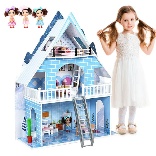 Wooden Kids 3 Storey Doll House with Furniture Accessories